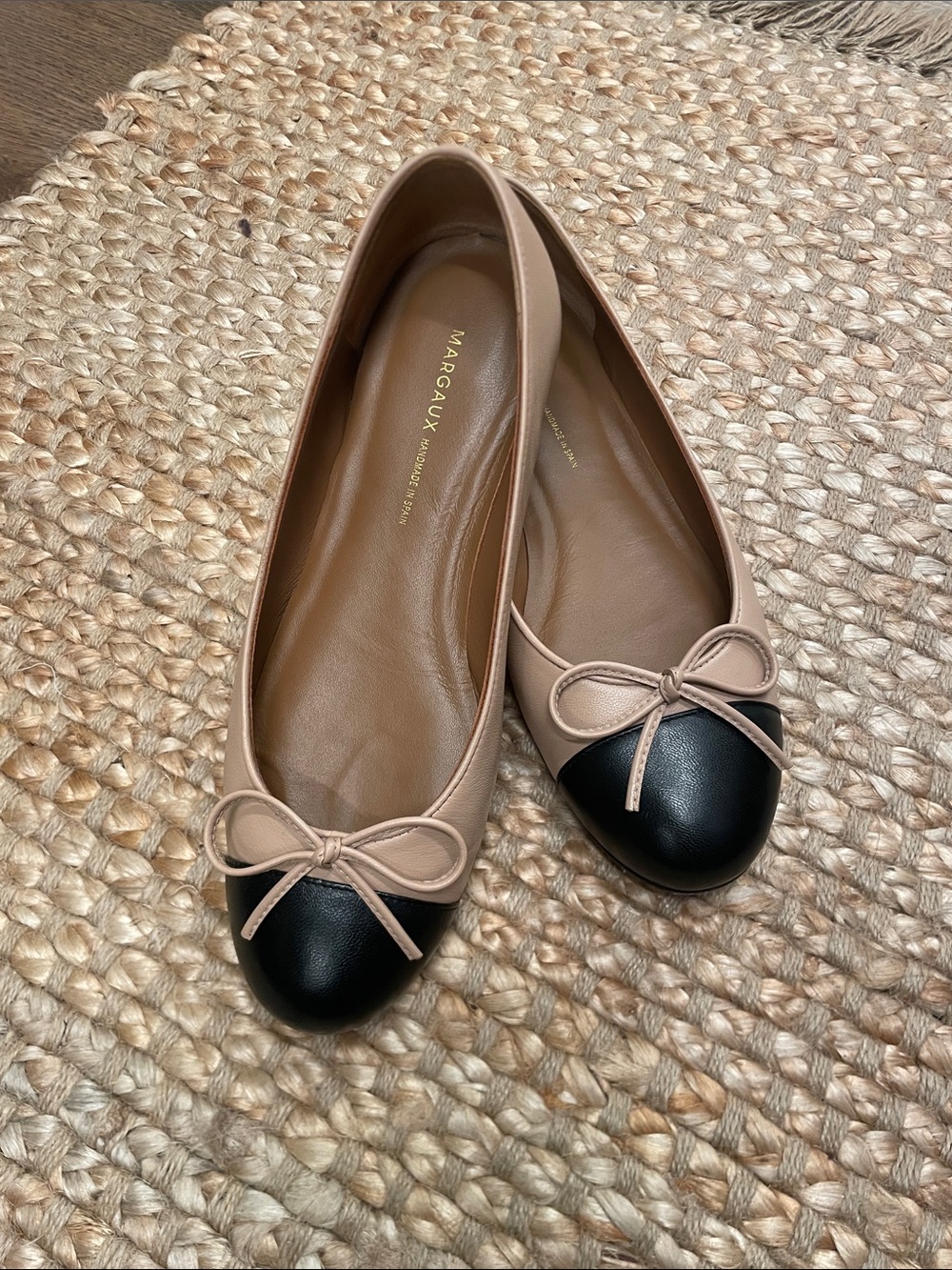 Margaux Nude and Black Leather Bow Toe Ballet Flats